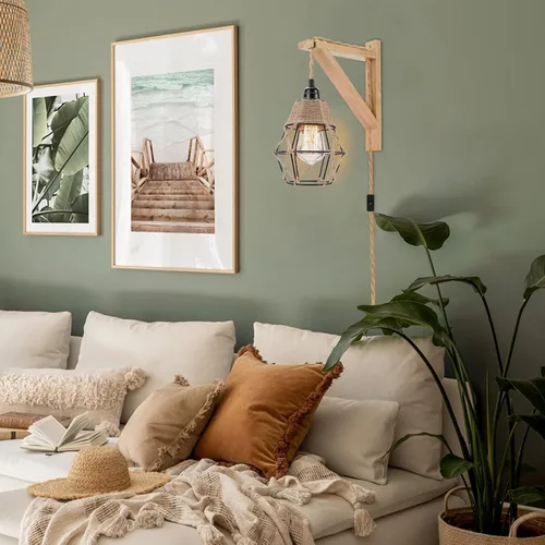 Vista 7 de Frideko - Juego de dos apliques de pared de madera enchufables, lámpara de pared rústica con cable de enchufe, accesorios de luz de pared