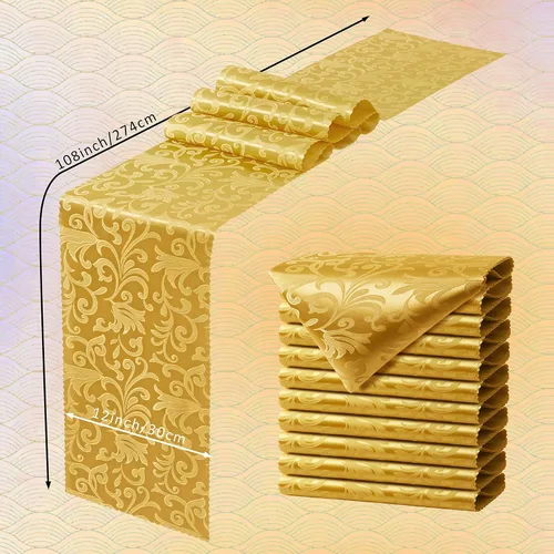 Vista 3 de Manyshofu 5 caminos de mesa de satén dorado – 12 x 108 pulgadas, decoración de damasco, impresión jacquard brillante y suave de boda para banquetes