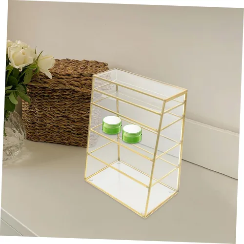Vista 9 de Organizador de maquillaje de 5 capas, caja de almacenamiento de escritorio para lápiz labial, sombra de ojos, cosméticos, estética, cobre y vidrio