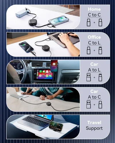 Vista 3 de Cable USB Tipo C Retráctil 5 en 1 de 100W, Paquete de 2 Cables de Carga Múltiple 5A Cable de Carga Rápida Cable USBC con USB A+C a L/C Accesorios