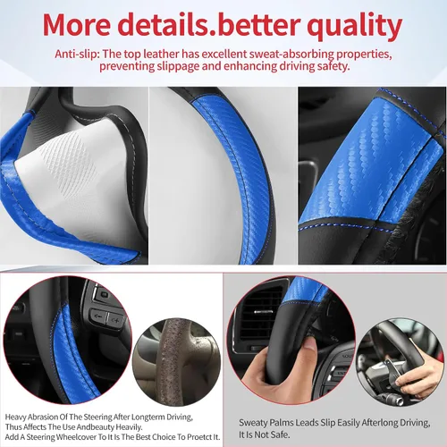 Vista 6 de Funda antideslizante de piel de napa para volante de automóvil, accesorios universales para automóvil para mujeres y hombres, apto para SUV de 14