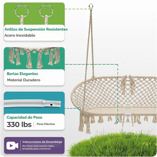Vista 5 de Sorbus Silla Hamaca de Macramé Banco Columpio Colgante, Perfecta para Interior, Exterior, Dormitorio de Chicas Adolescentes, Hogar, Habitación