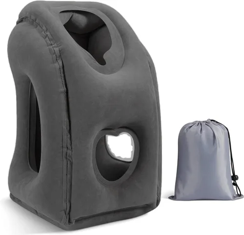 Vista 9 de MoKo Almohada inflable de viaje, almohada para el cuello con bolsa de almacenamiento, gris