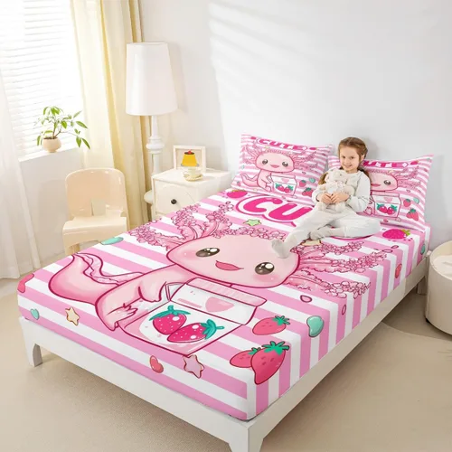 Vista 3 de Lindo Axolotl - Sábana bajera ajustable para niños, tamaño individual, juego de ropa de cama de animales marinos de dibujos animados, decoración