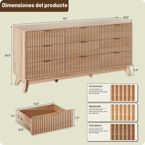 Vista 2 de Cómoda acanalada con 9 cajones de 63 pulgadas de ancho para dormitorio, borde curvado, roble Wooden Closet Organizer for Bedroom,Fluted Dresser with