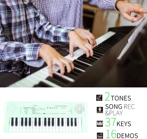 Vista 2 de Piano eléctrico de 37 teclas Teclado para principiantes con micrófono Carga USB de doble potencia o baterías verde