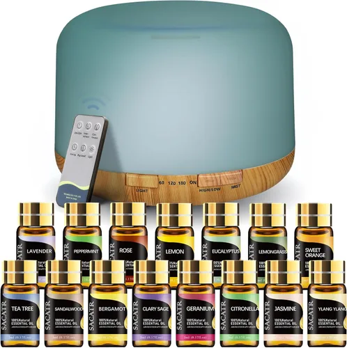 Vista 8 de SACATR Difusor de aromaterapia de 550 ml con aceites esenciales de 15x10 mL, tecnología ultrasónica, control remoto para el hogar y la oficina