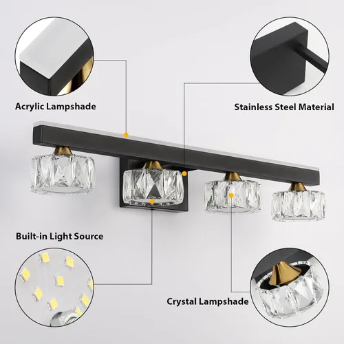 Vista 11 de Lámparas de tocador de baño de cristal negro sobre espejo para iluminación de baño (4 luces)