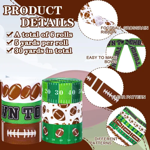 Vista 3 de Whaline 6 rollos de cinta de grogrén de fútbol de 30 yardas, cinta decorativa de tela para campo de pelota de rugby, cinta de envoltura de deportes