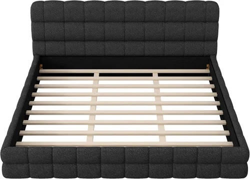 Vista 5 de KLMM Unique King Size Upholstered Platform Bed with Thick Fabric, Grounded Bed with Solid Frame,for Kids Teens Adults Bedroom Use (Black-TF, King)