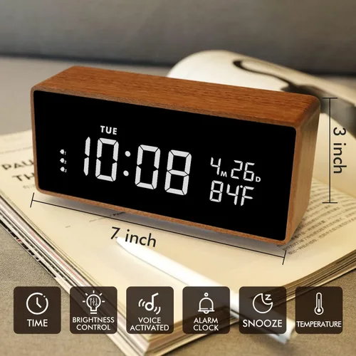 Vista 5 de Reloj despertador digital de madera con altavoz Bluetooth, fecha de temperatura, relojes digitales eléctricos inteligentes, relojes de noche con luz