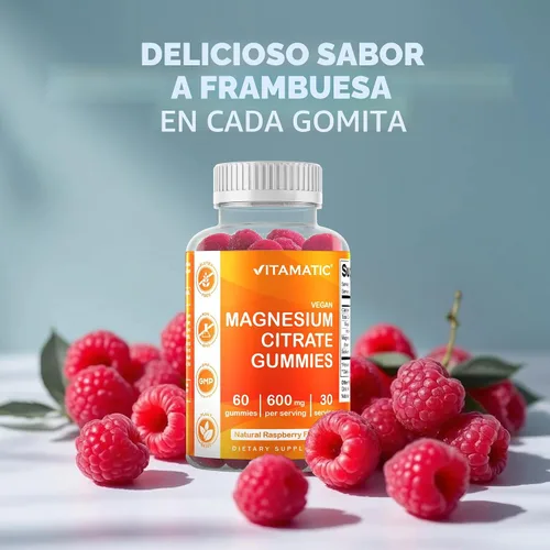 Vista 5 de Vitamatic Gomitas de magnesio de 600 mg por porción, 60 veganas para relajación, músculos, huesos y apoyo energético