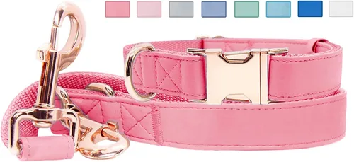 Vista 7 de Juego de collar y correa de cuero suave para perro (6.6 pies), elegante hebilla de metal resistente de oro rosa, correa de 4 longitudes ajustables