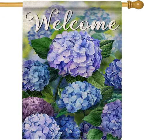 Vista 10 de Hzppyz Bandera de jardín de flores florales de primavera de bienvenida de doble cara, hortensias decorativas para patio al aire libre, decoración