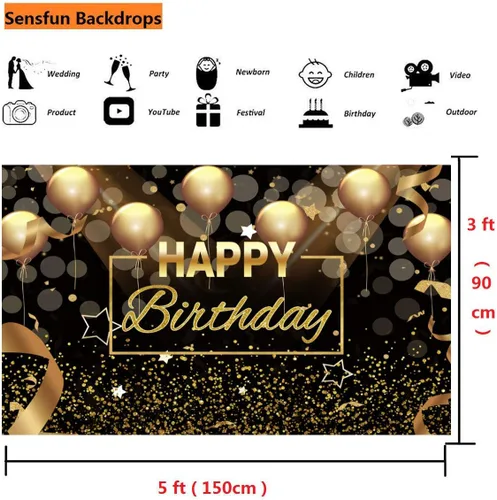 Vista 4 de Sensfun Cartel de fondo de fiesta de feliz cumpleaños, globos negros y dorados con purpurina Bokeh para hombres y mujeres, fondo de fotografía