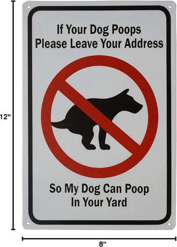 Vista 9 de Cartel divertido mensaje de caca de perro, con texto en inglés «Leave Your Address, My Dog Can Poop in Your Yard», letrero de metal para exteriores
