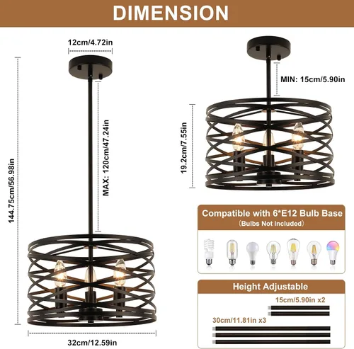 Vista 7 de Candelabros de granja para comedor, iluminación colgante de 3 luces para isla de cocina, tambor negro, lámpara rústica para colgar en el techo