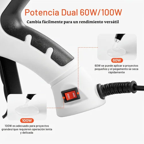 Vista 2 de VEVOR Pistola de pegamento caliente, 60/100 W de doble potencia, mini pistola de pegamento caliente con 20 barras de pegamento premium y bolsa