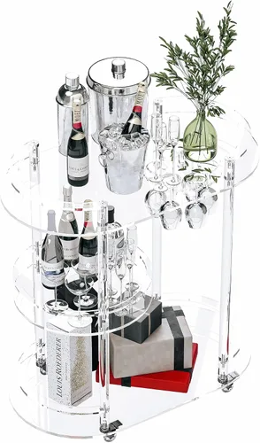 Vista 7 de Dethan Carrito de barra de acrílico – Carrito de servicio transparente de 3 niveles con ruedas bloqueables, moderno carrito de bar transparente