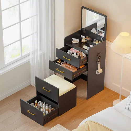 Vista 11 de Lvifur Escritorio de tocador 3 en 1 con espejo y luces, mesa de tocador de maquillaje con taburete acolchado, mesa de tocador compacta y escritorio