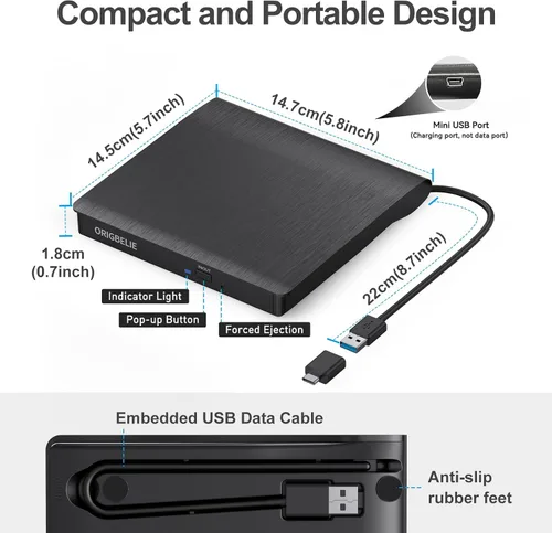 Vista 6 de ORIGBELIE Unidad externa de CD/DVD para portátil, grabadora de CD USB 3.0, unidad de DVD externa, reproductor de DVD portátil para computadora