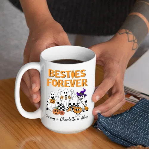 Vista 6 de Taza de café blanca personalizada de Halloween Besties, Besties Forever y 3 tazas de café Boo de 11 onzas y 15 onzas, bonita taza de cerámica Boo