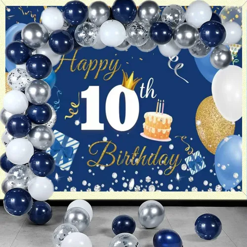 Vista 4 de Cartel de tela para decoración de cumpleaños número 10 para niños y niñas, cartel de tela de feliz 10 años, fondo de fotografía azul, suministros