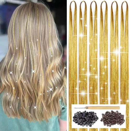 Vista 18 de Kit de oropel de cabello negro con herramienta, 6 piezas, 1200 hebras de extensiones de cabello de oropel con purpurina, resistentes al calor