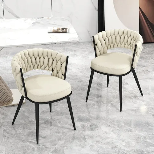 Vista 2 de Juego de 2 sillas de comedor tejidas, modernas sillas de comedor tejidas a mano con patas de metal negro, sillas tapizadas con marco negro
