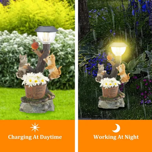 Vista 2 de Jardín de hadas, estatua de jardín, adorno solar de jardín, luz de resina, estatuas de gato, luces solares para patio, césped, porche, estanque