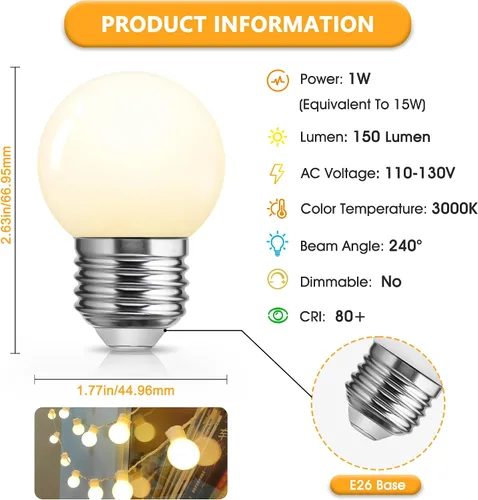 Vista 5 de Bombillas LED de bajo vatio, equivalente a 1 W, 15 W, blanco suave, 3000 K, esmerilado, pequeñas bombillas G40 para espejo de tocador, baño, porche