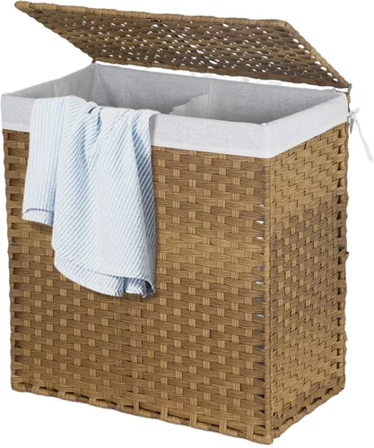 Vista 11 de Cesta de ropa con tapa, cesta de lavandería de 90 litros con tapa, cestas grandes para lavandería con 2 bolsas extraíbles con forro, cesta de Marrón