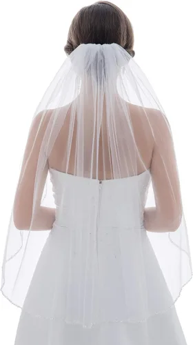 Vista 2 de SAMKY 1T 1 Tier Crystal Pearl Beaded Edge Bridal Wedding Veil