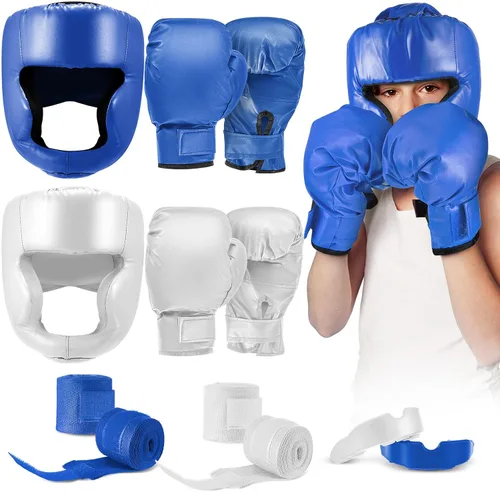 Vista 7 de Kanayu Juego de 12 piezas de equipo de boxeo para niños principiantes de 6 a 18 años, incluye casco de boxeo y guantes, vendas, protectores bucales