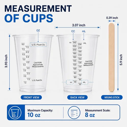 Vista 4 de Vasos medidores de plástico con varillas de mezcla, taza transparente de 8 onzas, paquete de 50 Tazas medidoras desechables con palos, mezcla