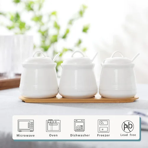 Vista 2 de Juego de 3 tarros de porcelana para condimentos con bandeja, 12 onzas, color blanco