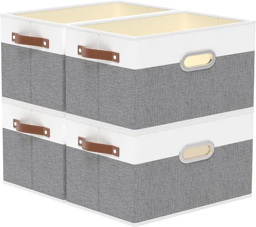 Vista 10 de Yawinhe Cestas de almacenamiento de tela, organizador plegable de armario para estantes, cajas grandes con 3 asas, contenedores de lona para ropa