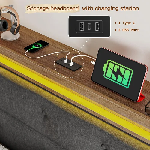 Vista 4 de EnHomee Base de cama de tamaño matrimonial con carga USB y tipo C y luces LED, cabecera de almacenamiento tapizada, cama de plataforma de madera