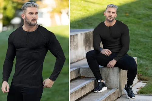 Vista 5 de Camisetas de algodón para hombre, estilo Henley, ajustadas, casuales, de manga larga y corta, elástica, para entrenamiento