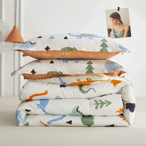 Vista 4 de Joyreap Juego de edredón de algodón de 3 piezas para niños, edredón de algodón tamaño individual de dinosaurio para niños y niñas, diseño reversible