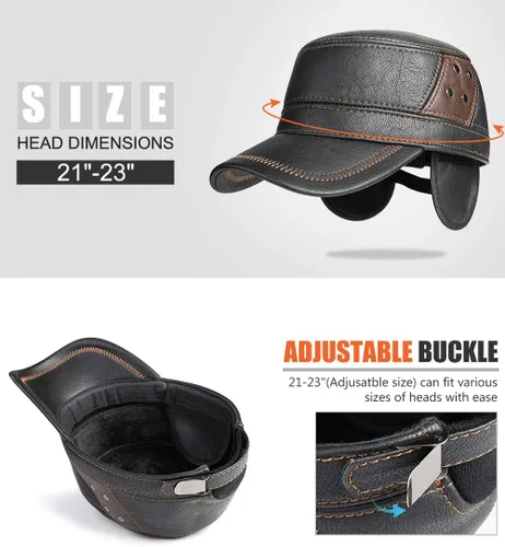 Vista 4 de Sumolux Gorra de cuero para hombre de invierno con orejeras militares cadete ejército sombrero superior plano