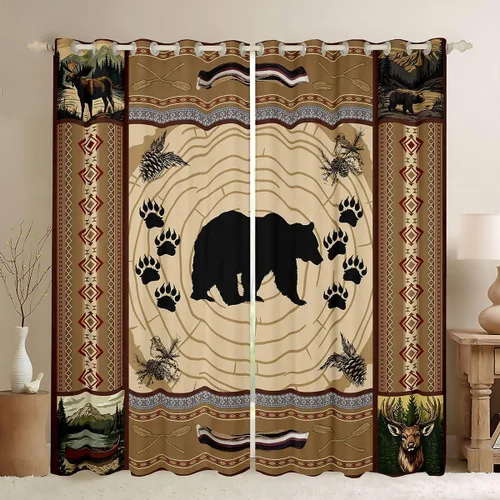 Vista 16 de Erosebridal Cortinas y cortinas geométricas de reno, con diseño de oso y ciervo, cortinas opacas con entramado a cuadros para dormitorio, bosque