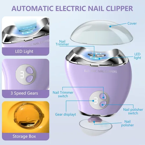 Vista 6 de Cortaúñas eléctrico para personas mayores con lima de uñas eléctrica, luz LED y 3 velocidades, cortaúñas eléctrico automático para adultos y niños