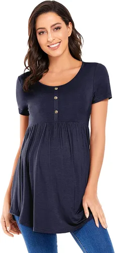 Vista 4 de POSHGLAM Camisetas de maternidad para mujer, cuello redondo, ropa de embarazo fruncida con acento de botón