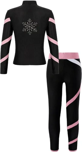 Vista 4 de YiZYiF Chándal de gimnasia para niños, 2 piezas, traje de entrenamiento de patinaje artístico, manga larga, cremallera, cuello alto, chaqueta