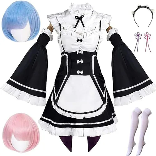 Vista 8 de Lmetsky Rem Ram Disfraz de Cosplay Vestido Disfraz de Natsuki Subaru Re Zero Conjunto de Cosplay Uniforme de Sirvienta Halloween