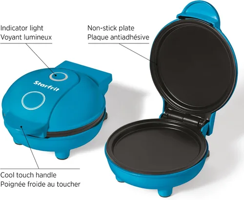 Vista 2 de Starfrit Mini máquina para hacer panqueques, antiadherente de 4 pulgadas, 350 W, color azul