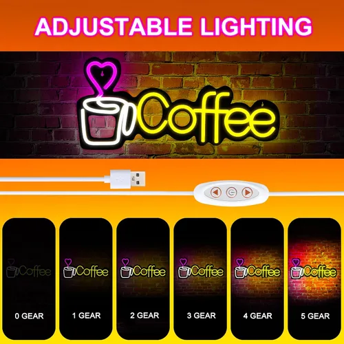 Vista 2 de Letrero de neón de café con luces LED para negocios, regulable, 5 V, alimentado por USB, para decoración de pared, letrero de luz LED para club