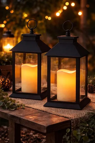 Vista 6 de Black Lanterns - Juego de 2 faroles decorativos con velas LED, decoración de faroles para exteriores e interiores, faroles de granja de 13 pulgadas
