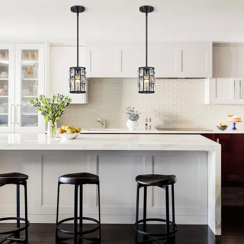 Vista 3 de MEXO Lámpara colgante de cristal moderna de 2 piezas con acabado mate negro, iluminación colgante, candelabro de cristal para sala de estar, cocina